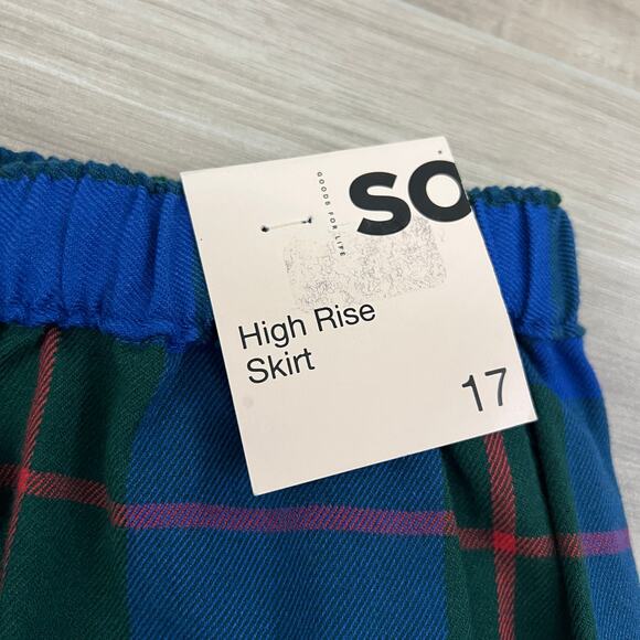 Juniors' SO Good For Life Buttoned Faux Wrap Blue, Green Plaid Skirt Size 17 - Picture 10 of 14